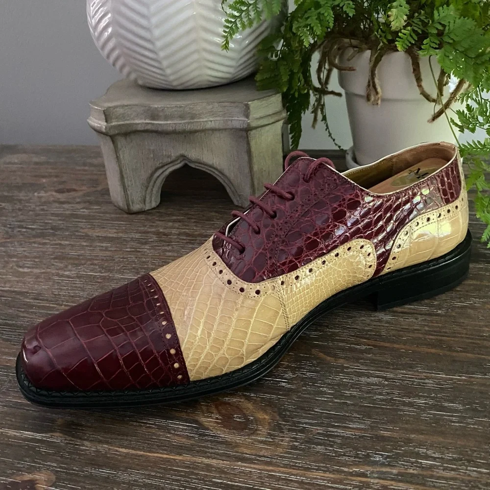 Ferrini Mens Alligator Skin Ostrich Quill Leather Oxfords Shoe Burgundy Wine Tan